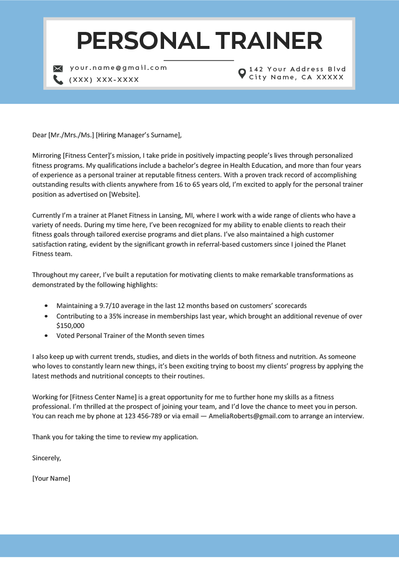 Personal Trainer Cover Letter Example Resume Genius throughout proportions 800 X 1132