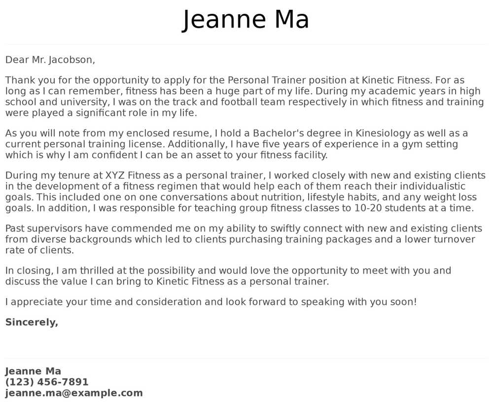 Personal Trainer Cover Letter Examples Samples Templates intended for proportions 1000 X 828