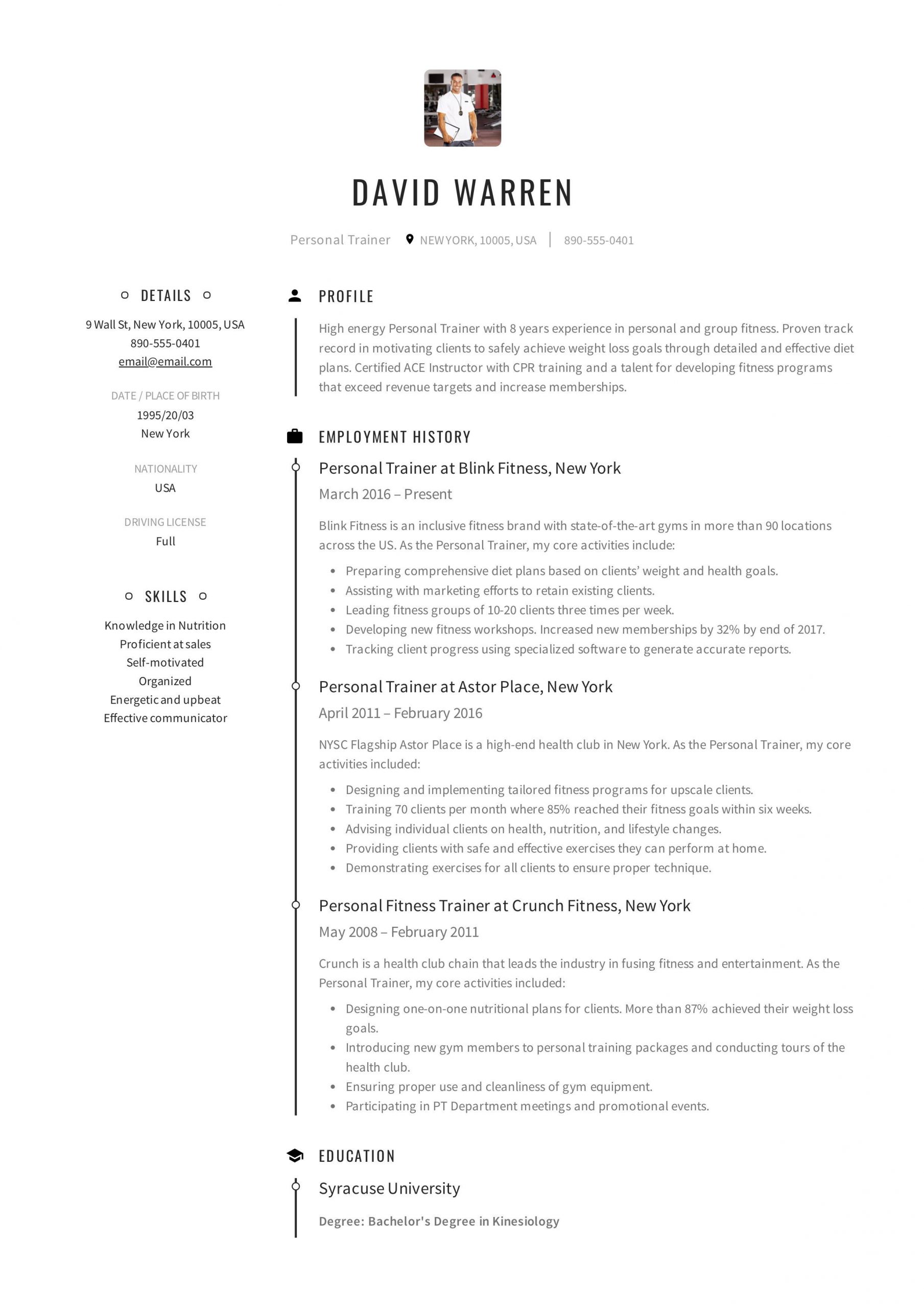 Personal Trainer Resume Example Template Sample Cv regarding proportions 2478 X 3507