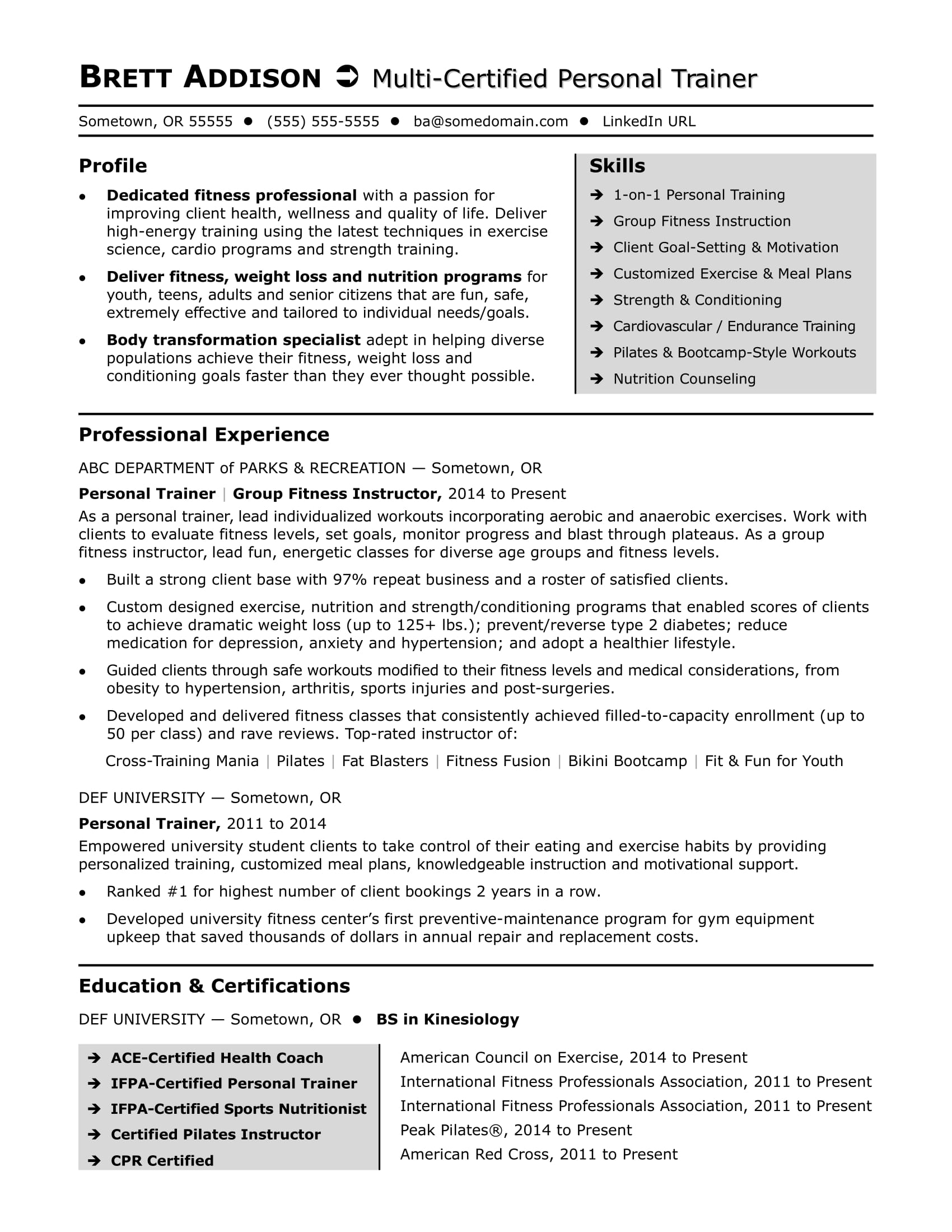 Personal Trainer Resume Sample Monster throughout measurements 1700 X 2200
