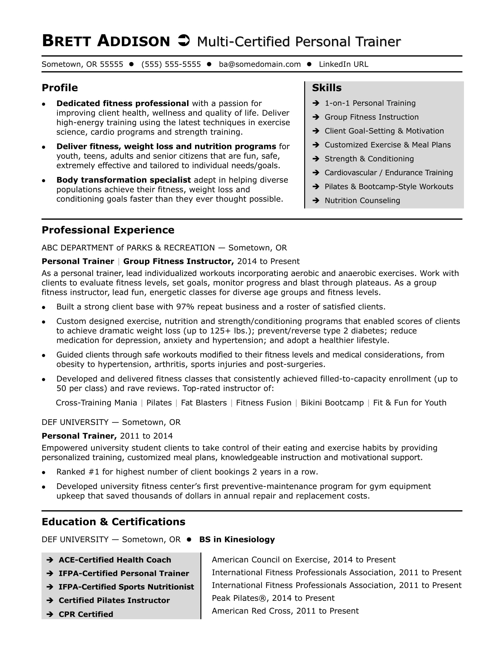 Personal Trainer Resume Sample Monster with proportions 1700 X 2200