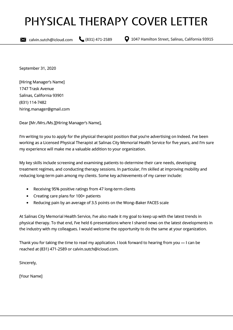 physical therapist assistant cover letter examples