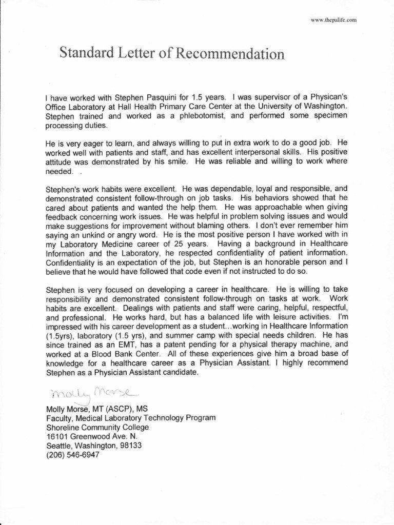 Physician Assistant Application Letter Of Recommendation in measurements 768 X 1024
