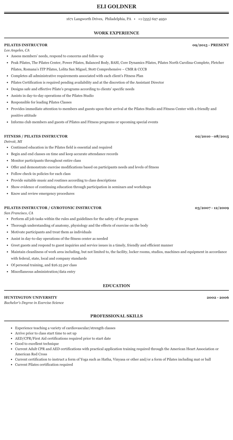 Pilates Instructor Resume Sample Mintresume throughout dimensions 800 X 1506