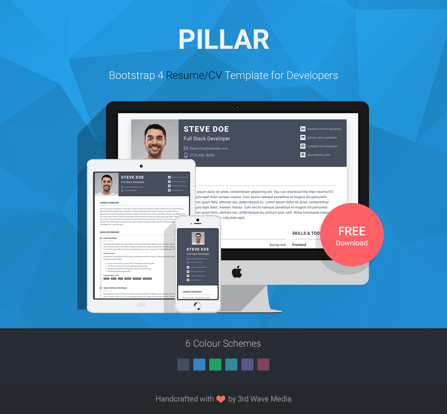 Pillar Free Bootstrap 4 Resumecv Template For Developers with regard to measurements 1500 X 1390