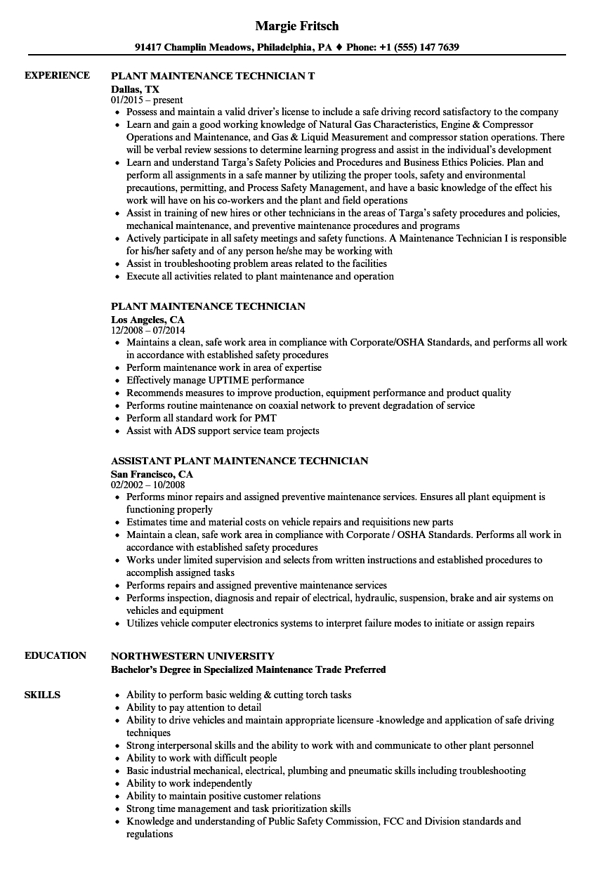 Plant Maintenance Technician Resume Samples Velvet Jobs throughout measurements 860 X 1240