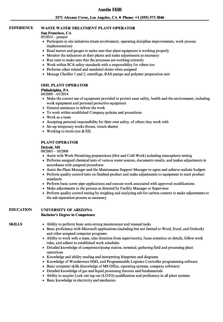 Plant Operator Resume Samples Velvet Jobs inside measurements 860 X 1240