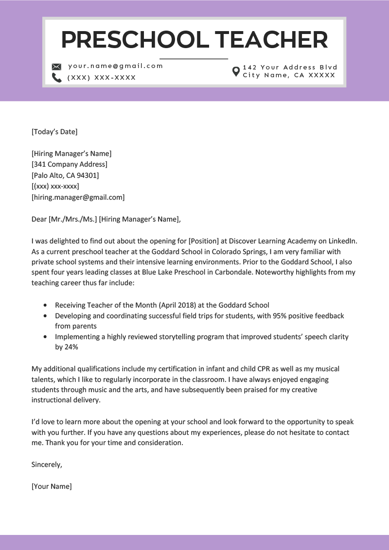 Preschool Teacher Cover Letter Example Writing Tips throughout size 800 X 1132