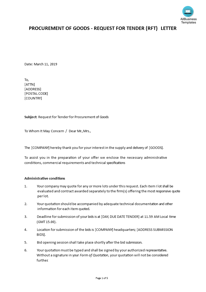 Prima Request For Tender Letter Template with dimensions 793 X 1122