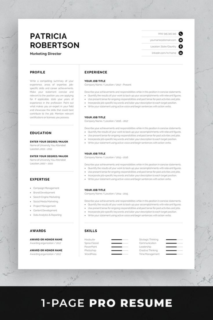 Professional 1 Page Resume Template Modern One Page Cv with proportions 736 X 1104