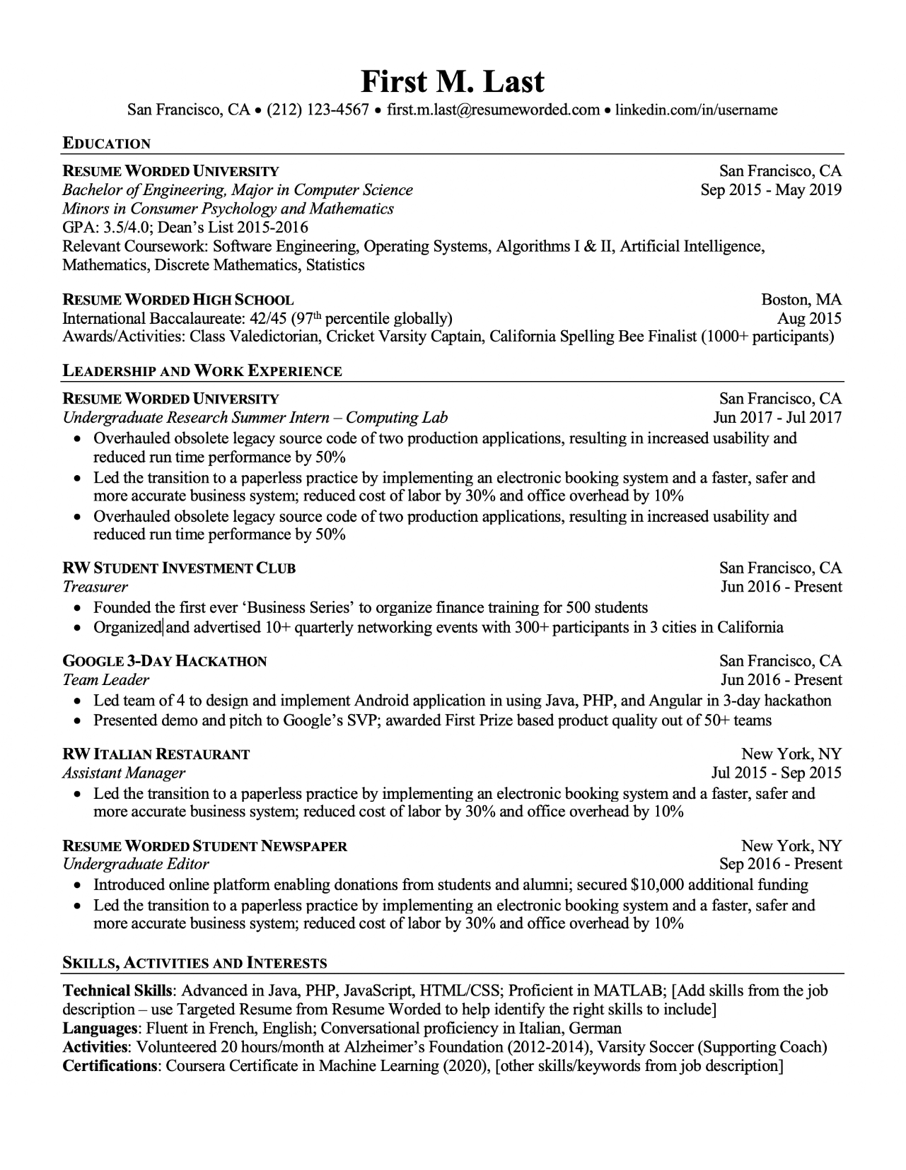 free ats resume template 2020