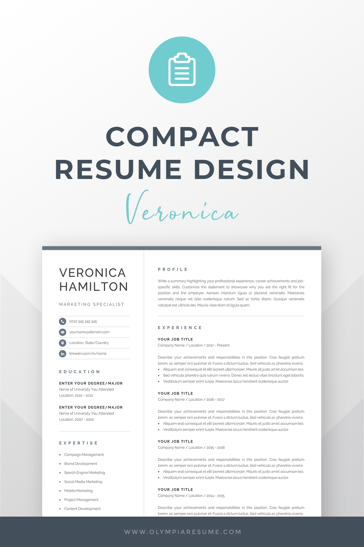 Professional Resume Template Compact 1 Page Resume with dimensions 1200 X 1800