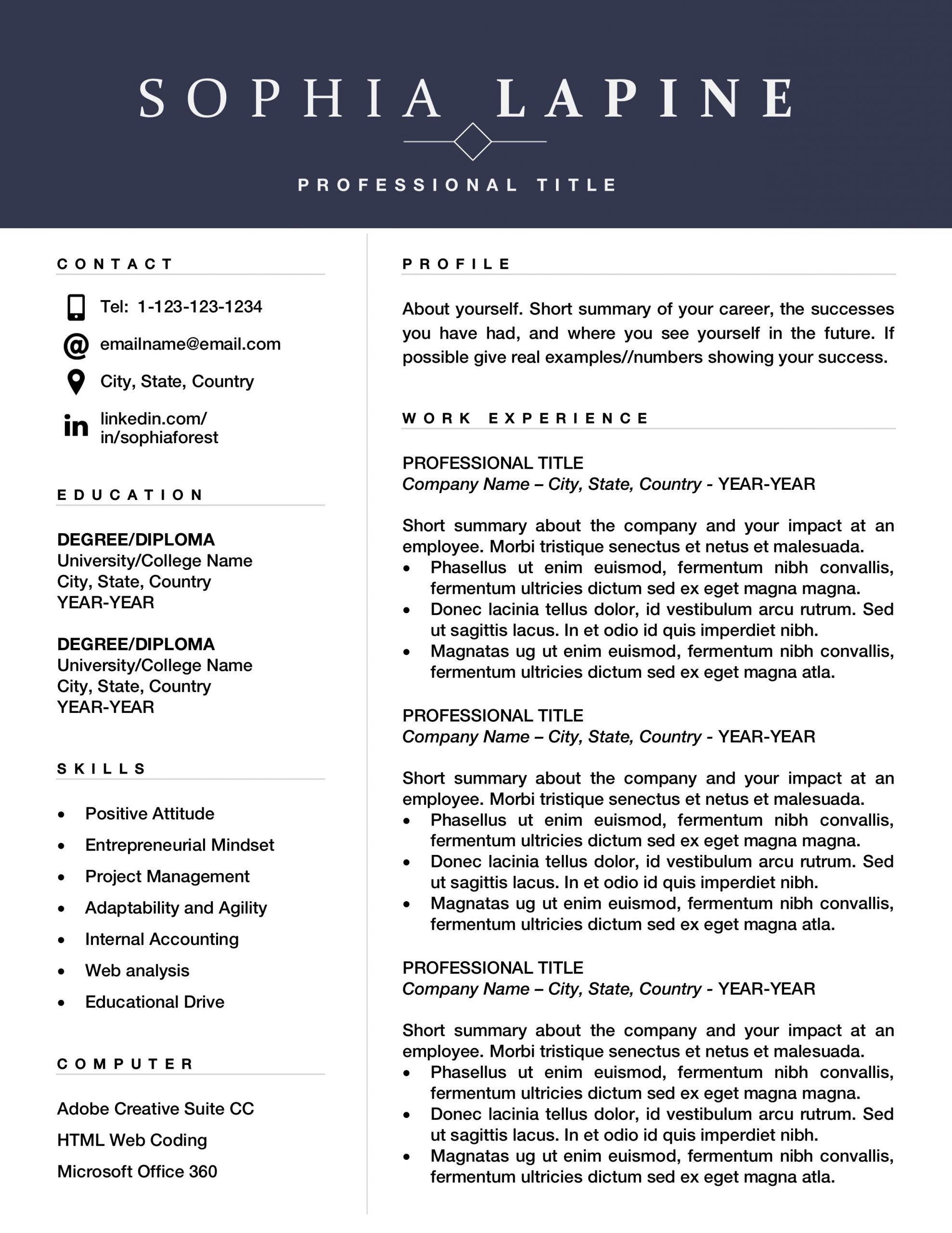 Professional Resume Template Design Editable Resume For inside proportions 2550 X 3300