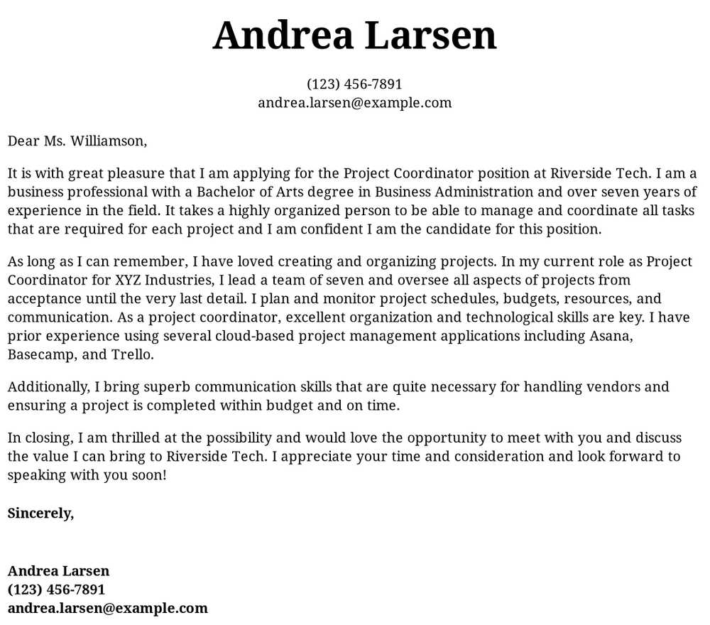 Project Coordinator Cover Letter Examples Samples with regard to proportions 1000 X 880