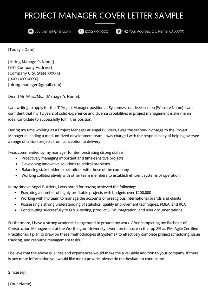 Project Manager Cover Letter Example Resume Genius for proportions 800 X 1132