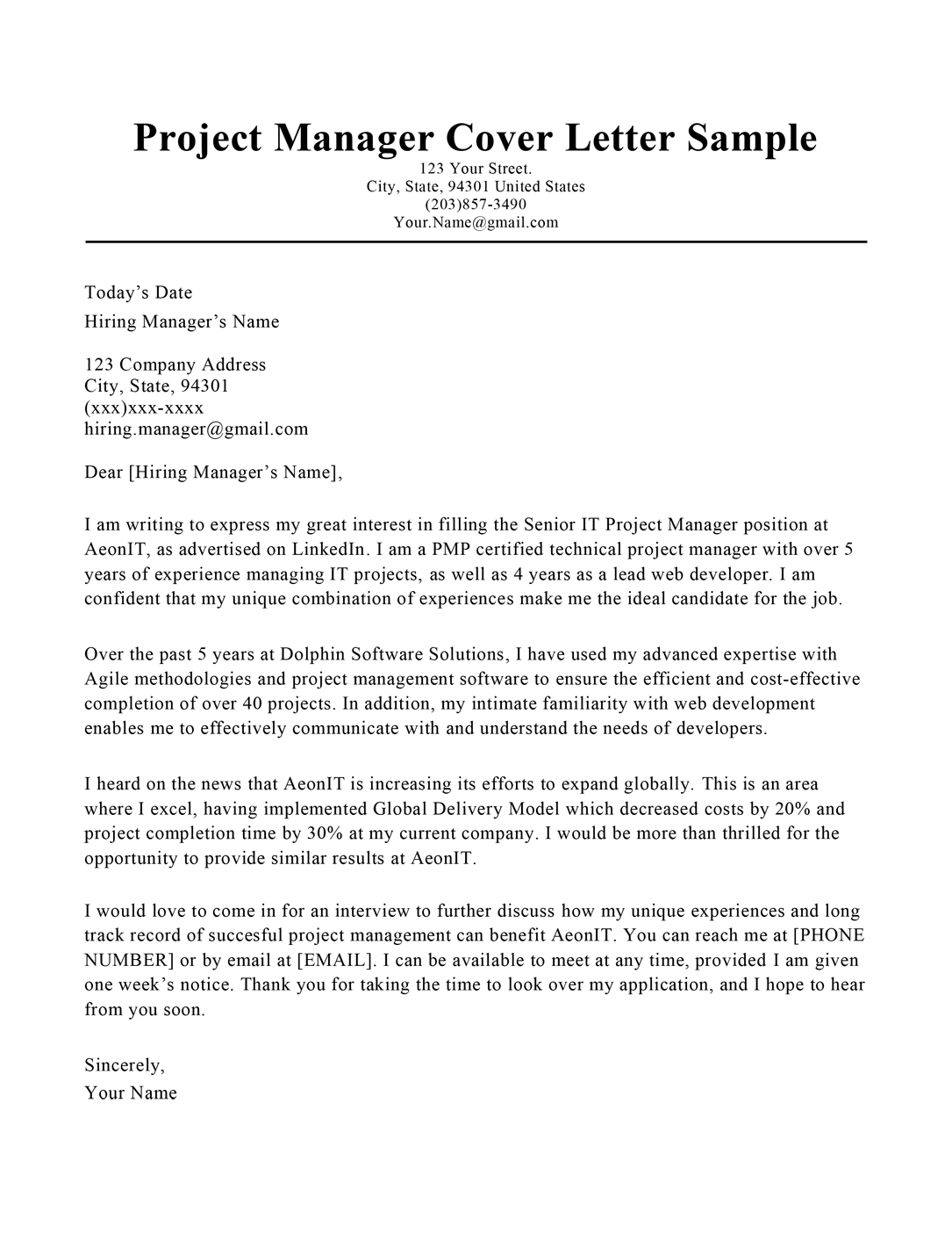 Project Manager Cover Letter 2019 Invitation Template Ideas   Project Manager Cover Letter Sample Tips Resume Companion Intended For Sizing 1085 X 1404 