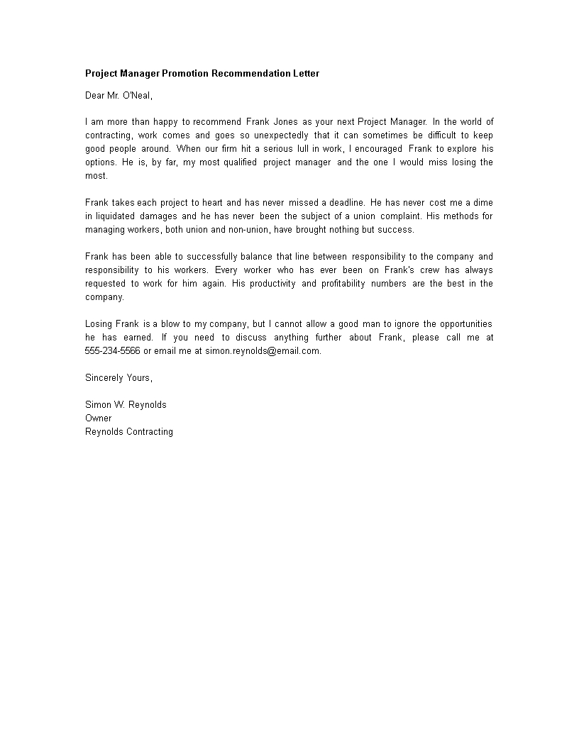 Project Manager Promotion Recommendation Letter Templates in measurements 816 X 1056