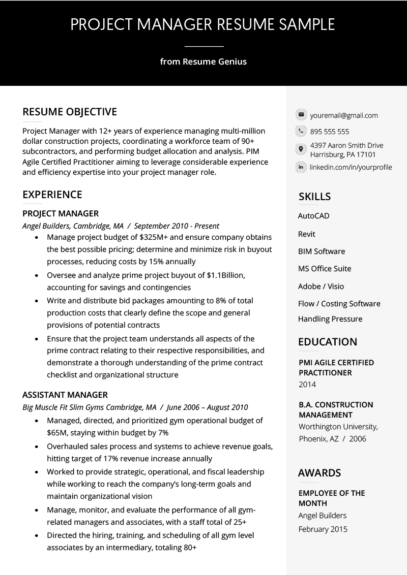 Project Manager Resume Sample Writing Guide Rg in proportions 800 X 1132