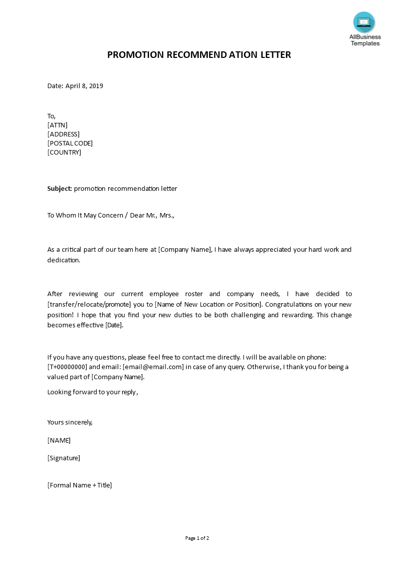 Promotion Recommendation Letter In Word Templates At in dimensions 793 X 1122