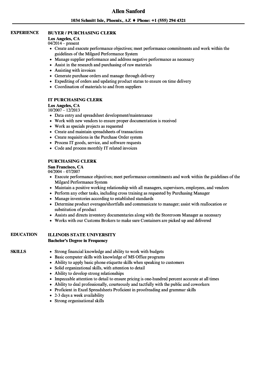 Purchasing Clerk Resume Samples Velvet Jobs inside sizing 860 X 1240