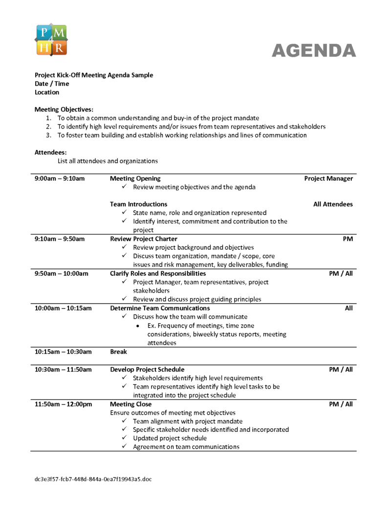 Qualified Agenda Template Sample For Project Kick Off throughout measurements 800 X 1035