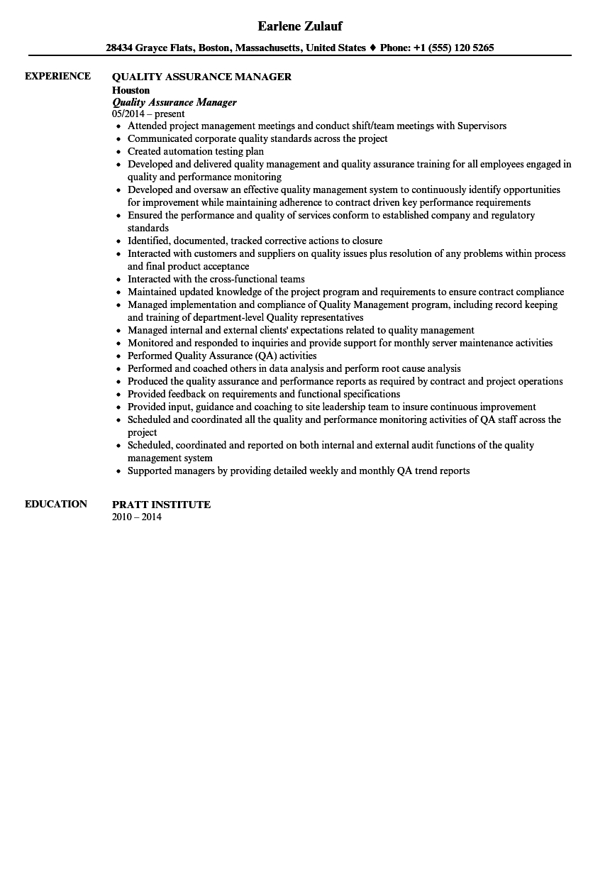 Quality Assurance Manager Resume Sample Velvet Jobs throughout measurements 860 X 1240
