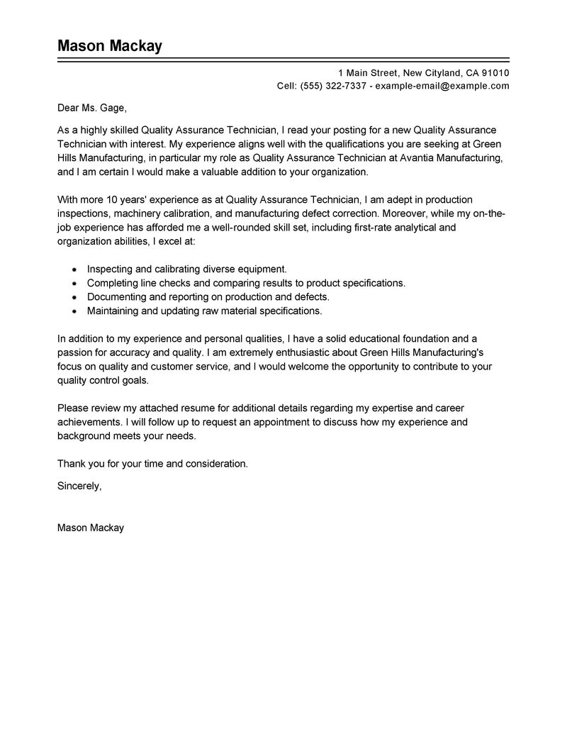 Quality Assurance Technician Cover Letter Tips To Write with proportions 800 X 1035