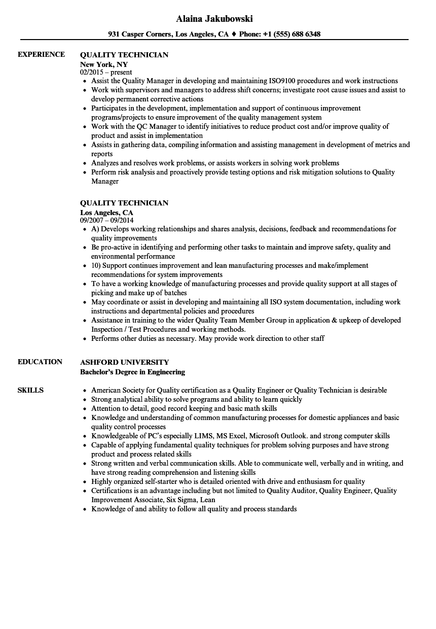 Quality Technician Resume Samples Velvet Jobs within proportions 860 X 1240