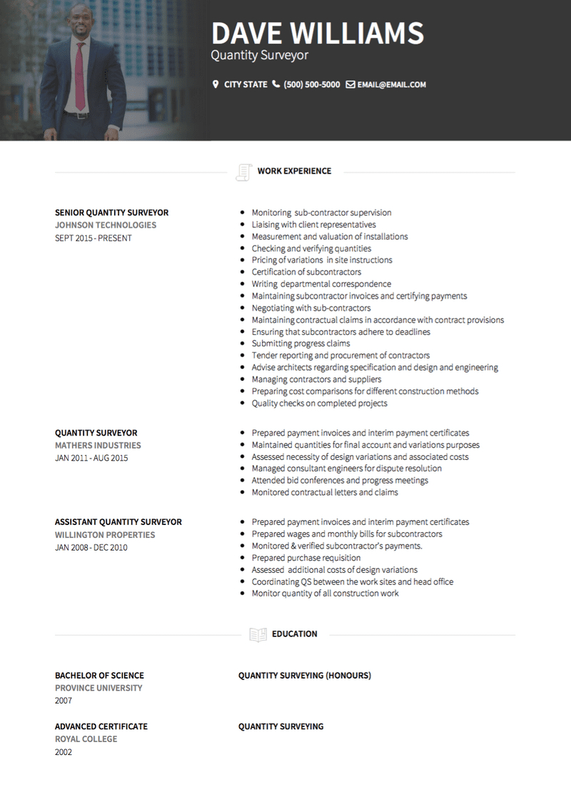 Quantity Surveyor Cv Examples Templates Visualcv throughout size 800 X 1134