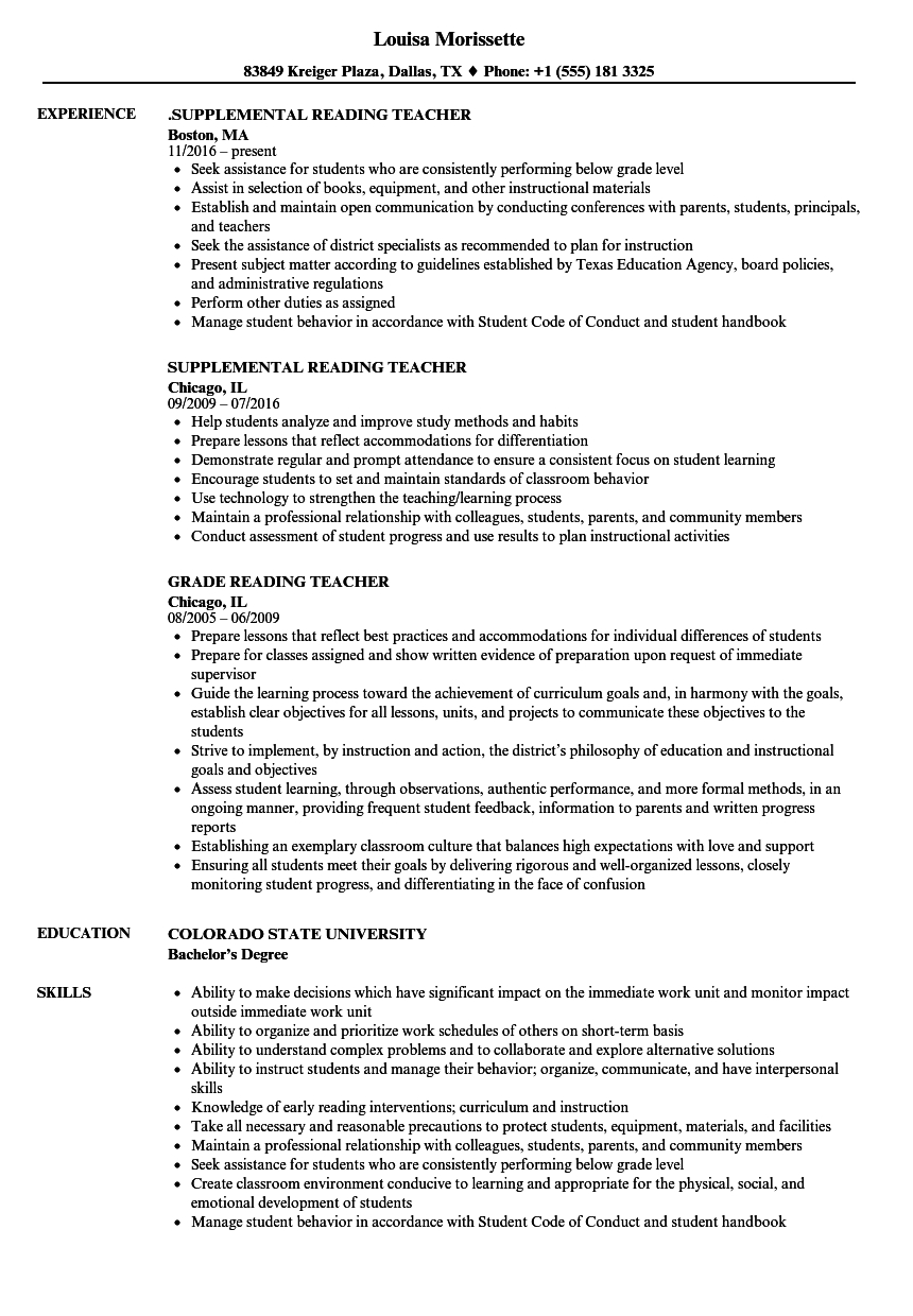 Reading Teacher Resume Samples Velvet Jobs pertaining to dimensions 860 X 1240