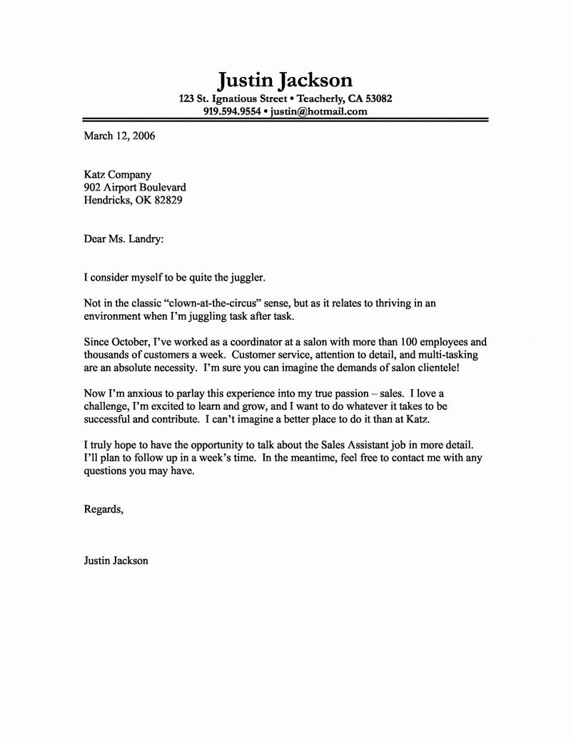 college cover letter examples