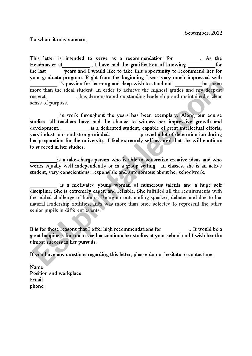 Recommendation Letter Esl Worksheet Margaridacordeiro intended for proportions 826 X 1169