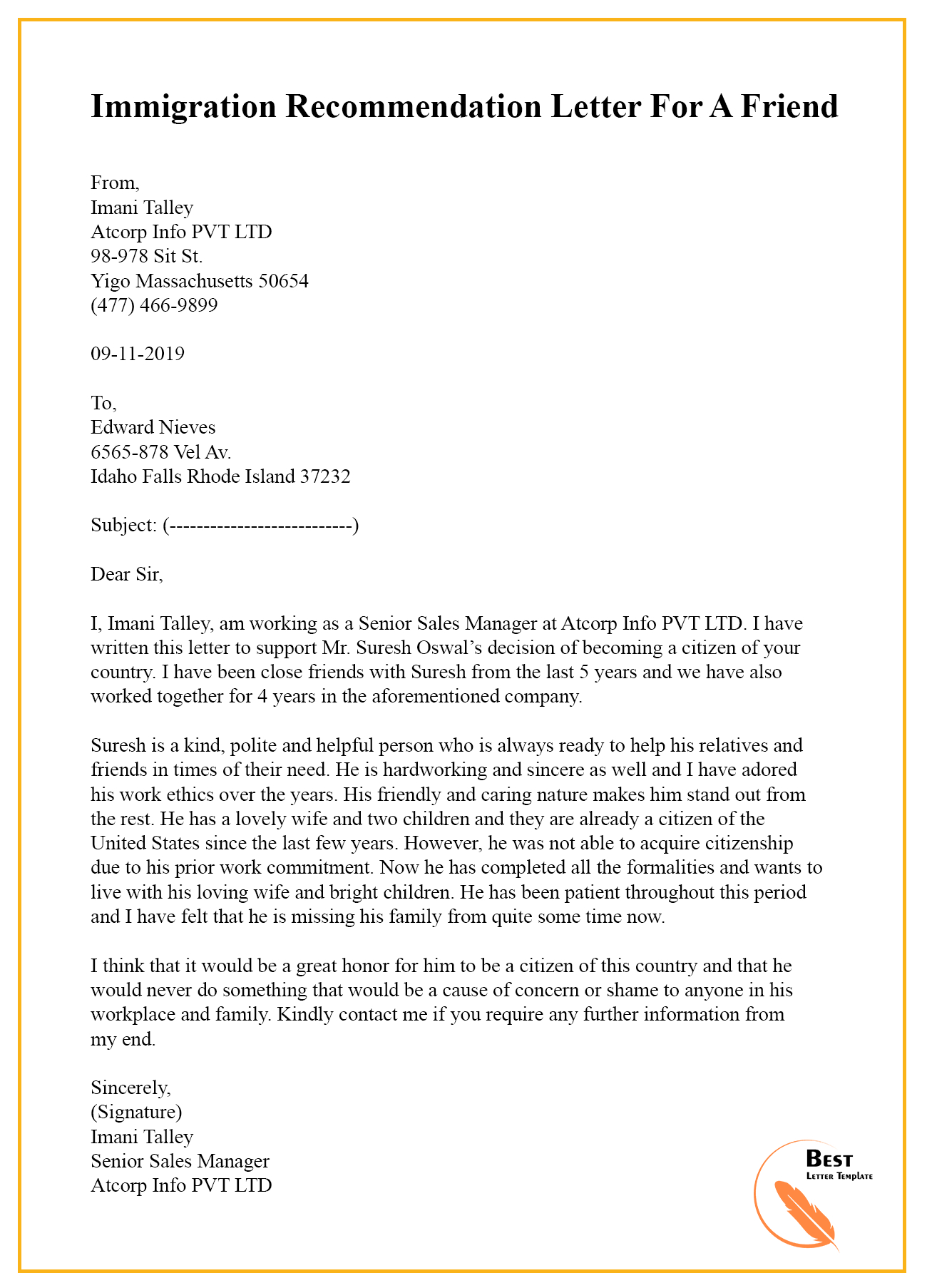 Recommendation Letter For A Friend Format Sample Example intended for proportions 1300 X 1806