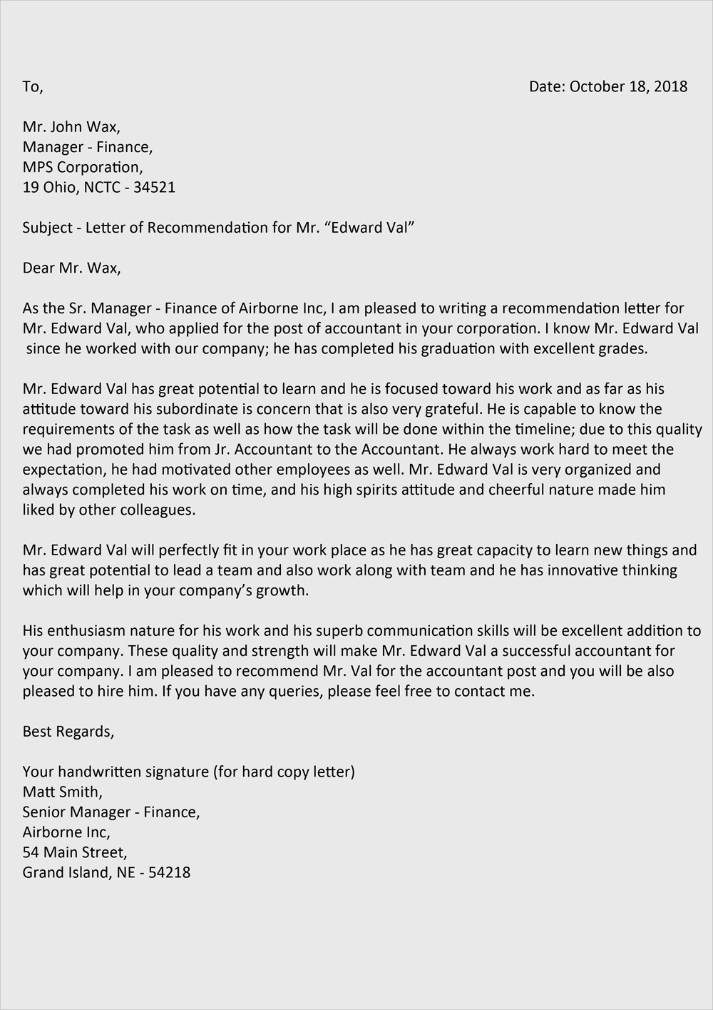 Recommendation Letter For A Manager Meyta with regard to size 1000 X 1415