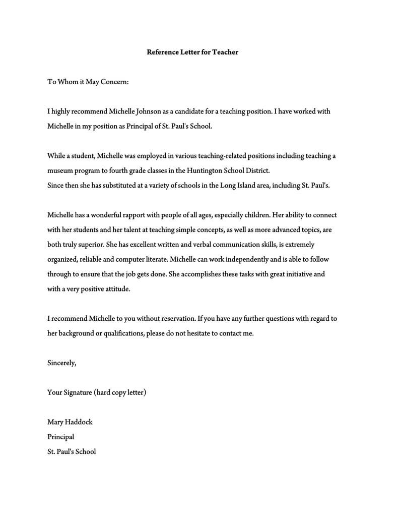 Recommendation Letter For A Teacher 32 Sample Letters for dimensions 800 X 1035