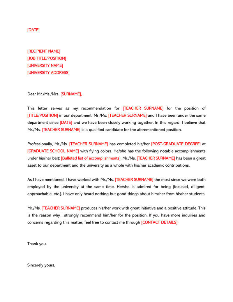 Recommendation Letter For A Teacher 32 Sample Letters for dimensions 800 X 1035