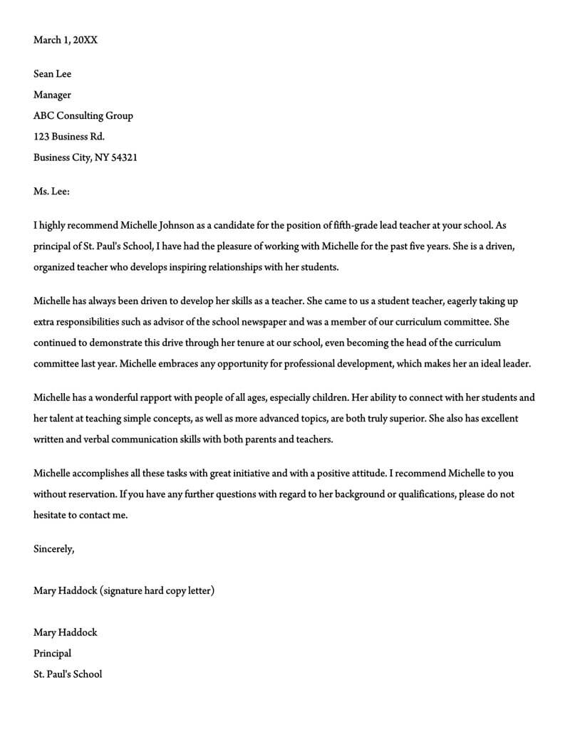 Recommendation Letter For A Teacher 32 Sample Letters for size 800 X 1035