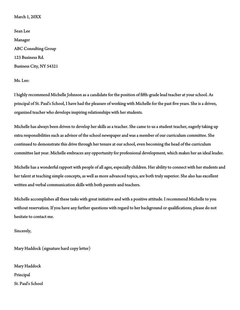 Recommendation Letter For A Teacher 32 Sample Letters in sizing 800 X 1035