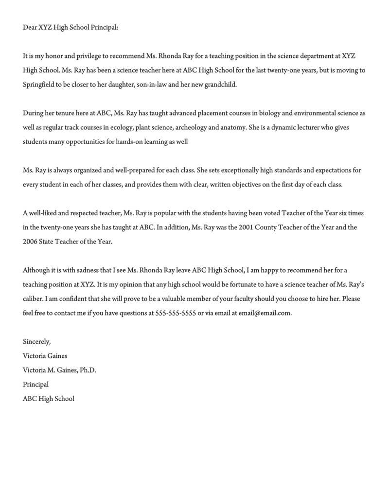 Recommendation Letter For A Teacher 32 Sample Letters inside proportions 800 X 1035