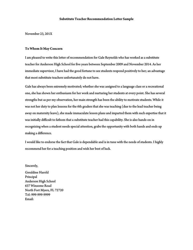 Recommendation Letter For A Teacher 32 Sample Letters inside size 800 X 1035