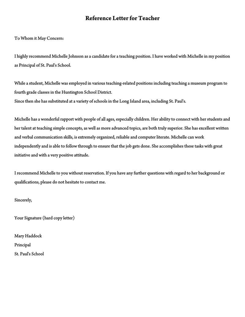 Recommendation Letter For A Teacher 32 Sample Letters intended for dimensions 800 X 1035