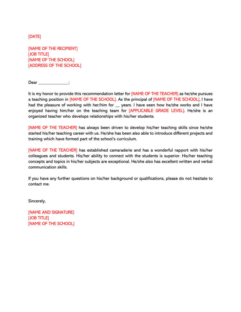 Recommendation Letter For A Teacher 32 Sample Letters with regard to size 800 X 1035