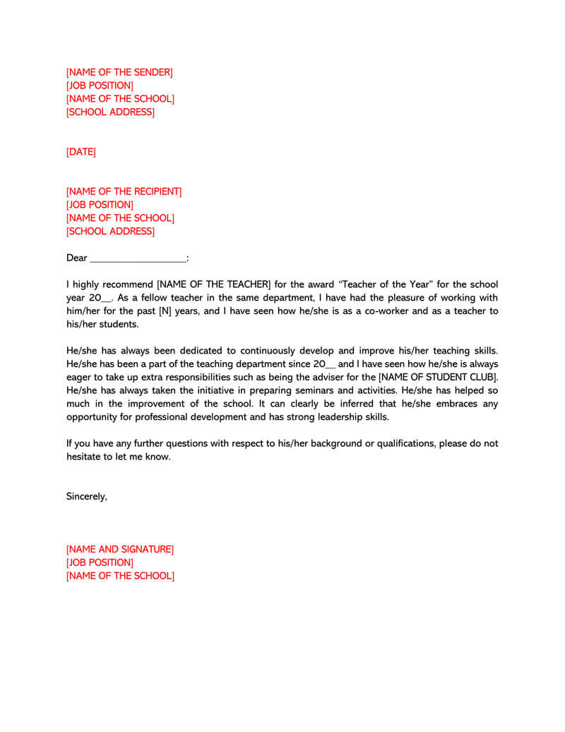 Recommendation Letter For A Teacher 32 Sample Letters with regard to size 800 X 1035