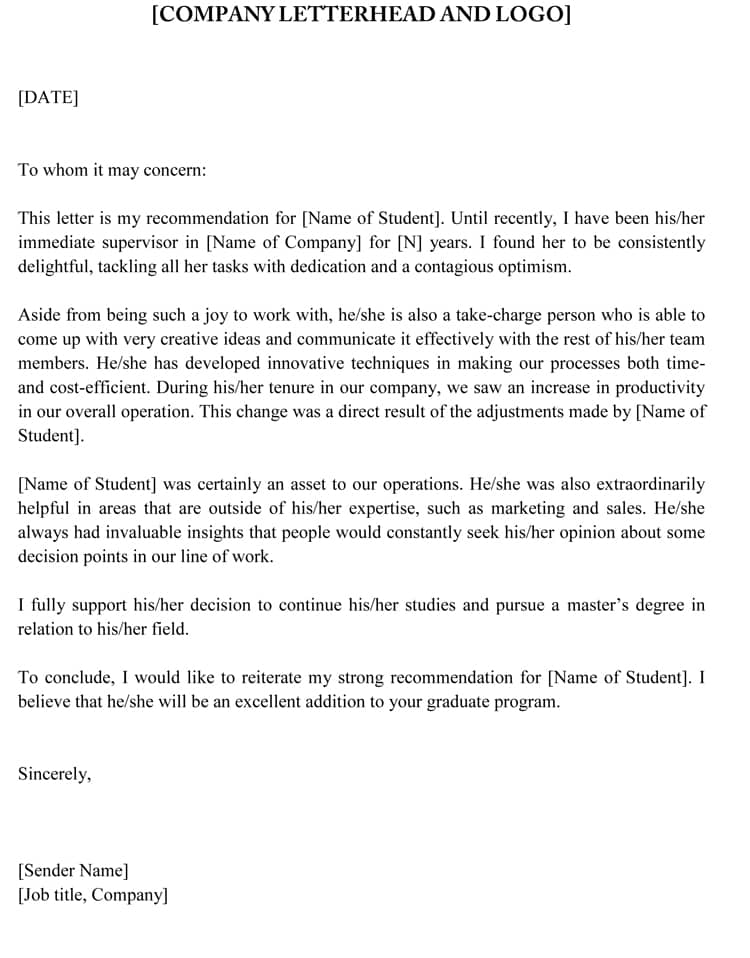 Sample Letter Of Recommendation For Masters Program From Employer 