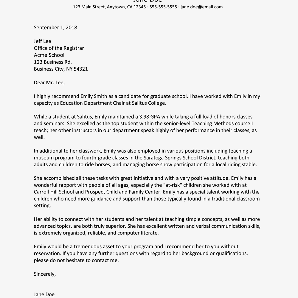 Sample Letter Of Recommendation For Masters Program In Education 8104