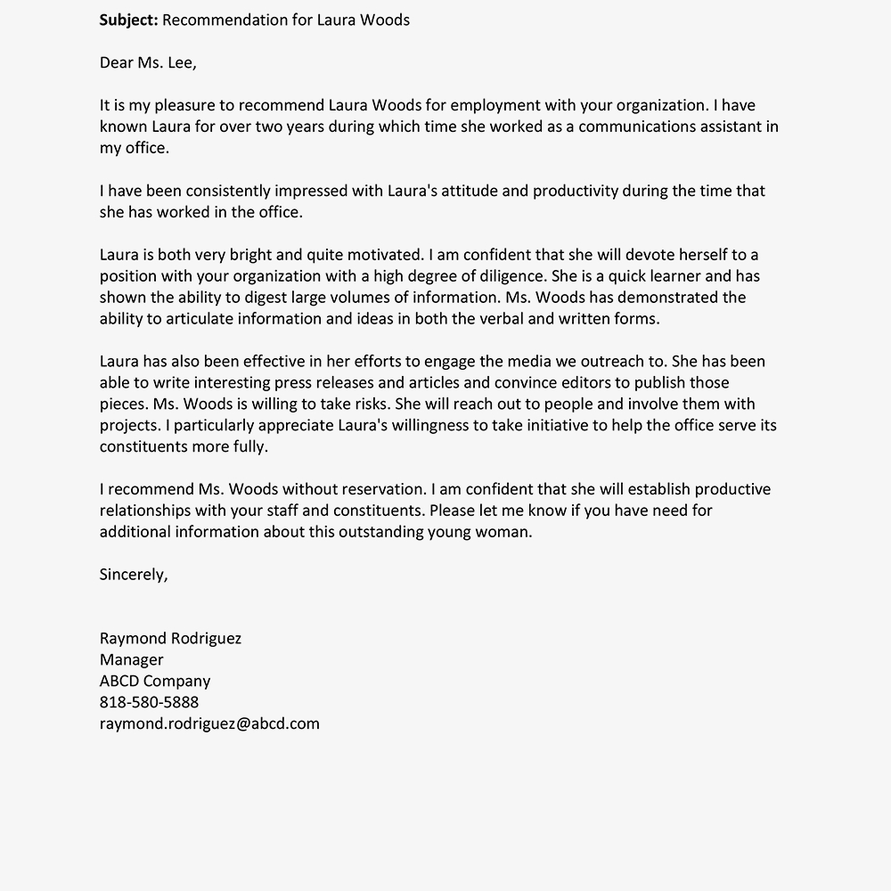 Recommendation Letter For An Employee Example within dimensions 1000 X 1000