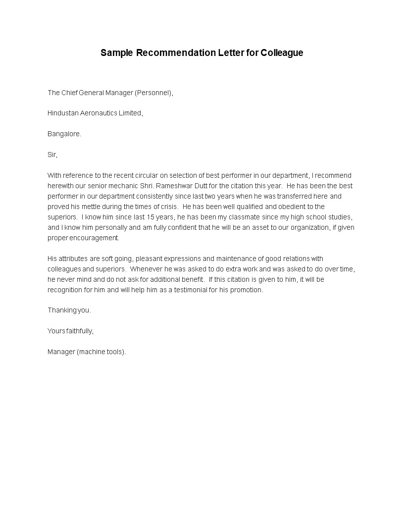 Recommendation Letter For Colleague Templates At inside size 816 X 1056