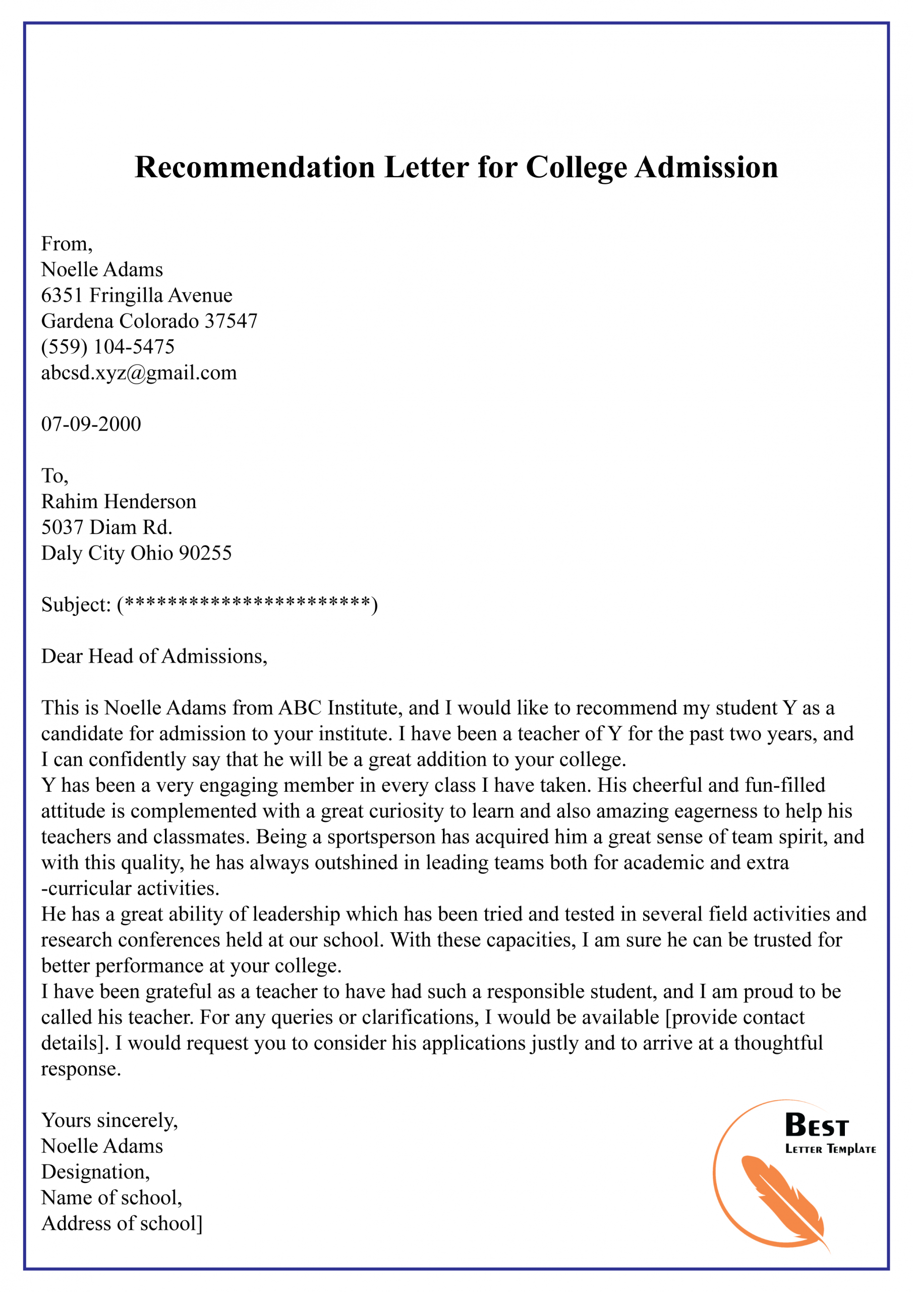 Recommendation Letter For College Admission 01 Best Letter intended for size 2480 X 3508