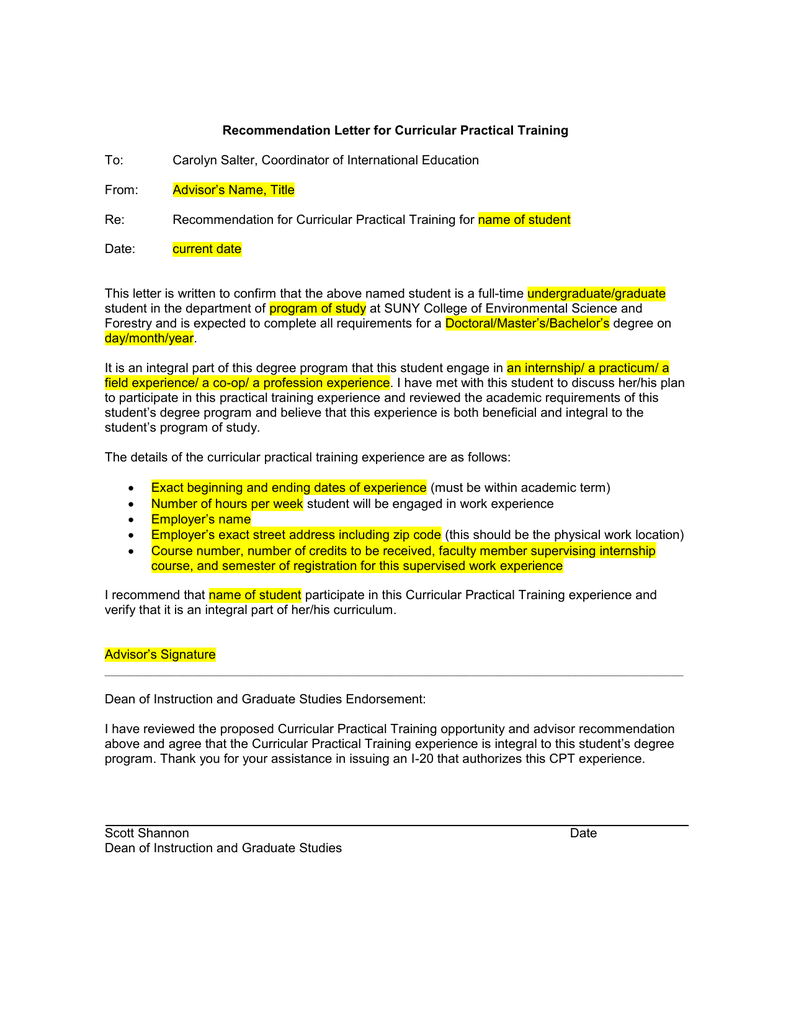 Recommendation Letter For Curricular Practical Training To for size 791 X 1024