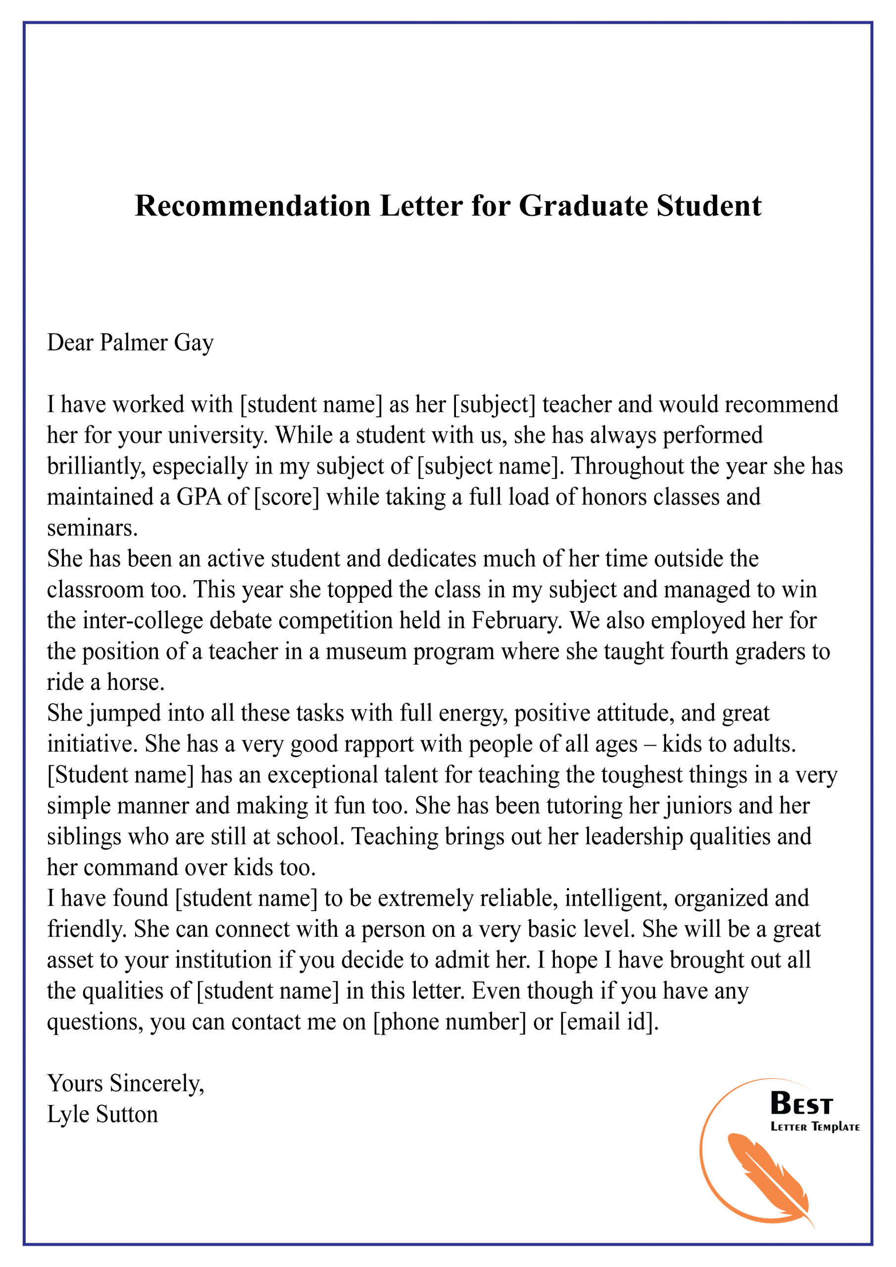 Sample Of Letter Of Recommendation For Student